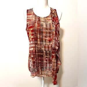 White House Black Market Geo Print Ruffle Detail Tunic Top Orange/Brown Size S
